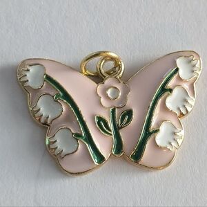 Lily of the Valley butterfly charm pendant enamel floral flower pink gold tone